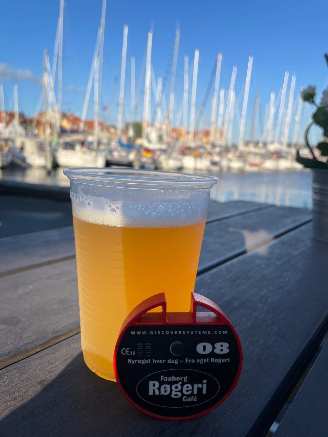 picture of a pager leaning on a pint of beer on a bench with a lookout to Faaborg harbor in the background