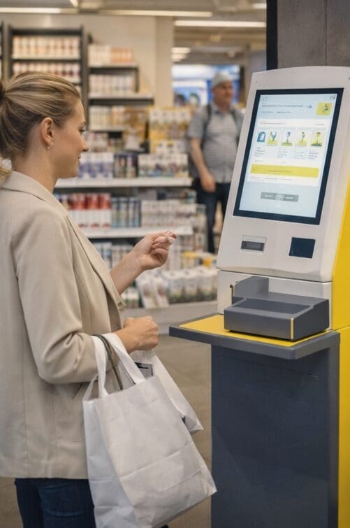 Retail self service kiosk with pager based queue management system