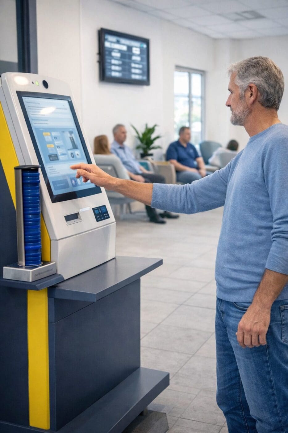 Patient check in kiosk with pager notification system in hospital waiting area
