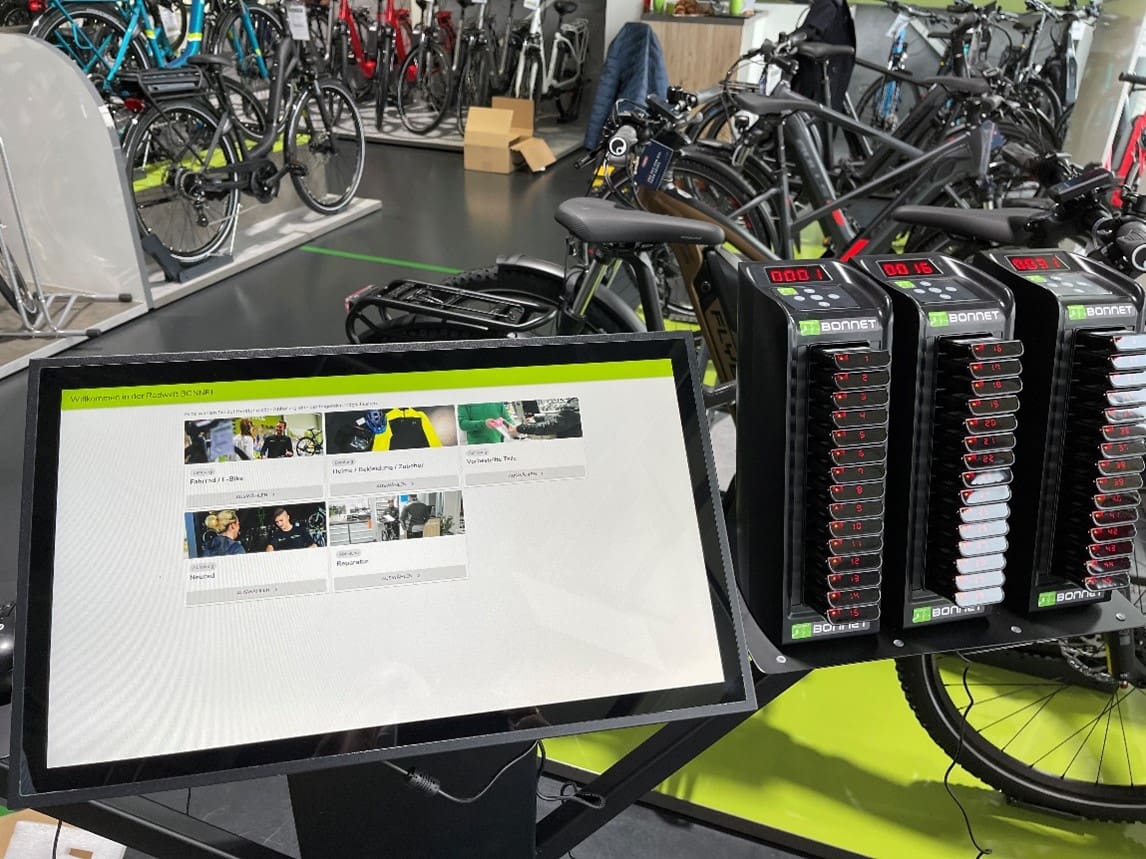 Self service kiosk and pager queue system used in bicycle retail store