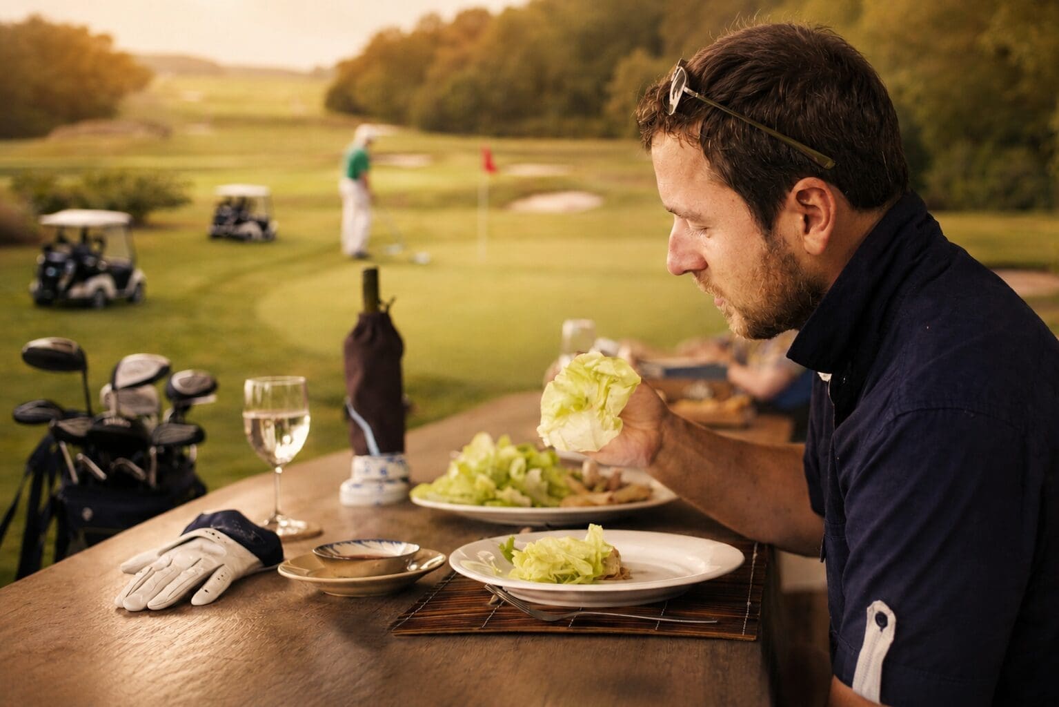 Golf player dining at a golf restaurant terrace after a round of golf