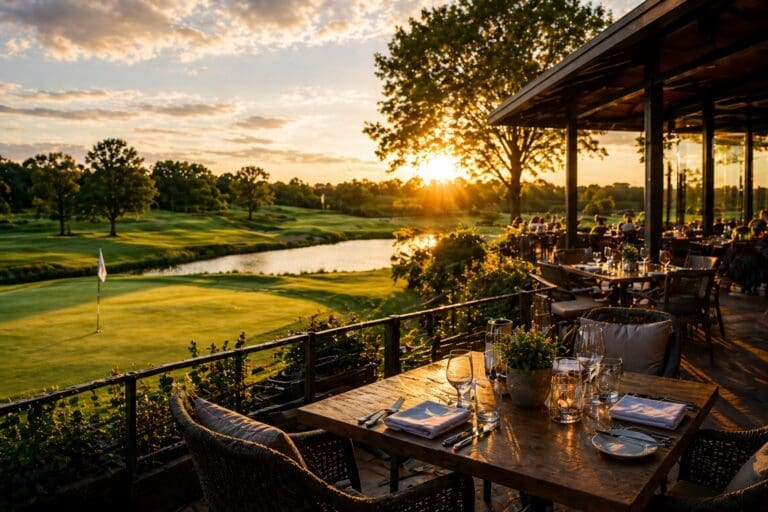 Golf restaurant terrace with guests at sunset beside a golf course