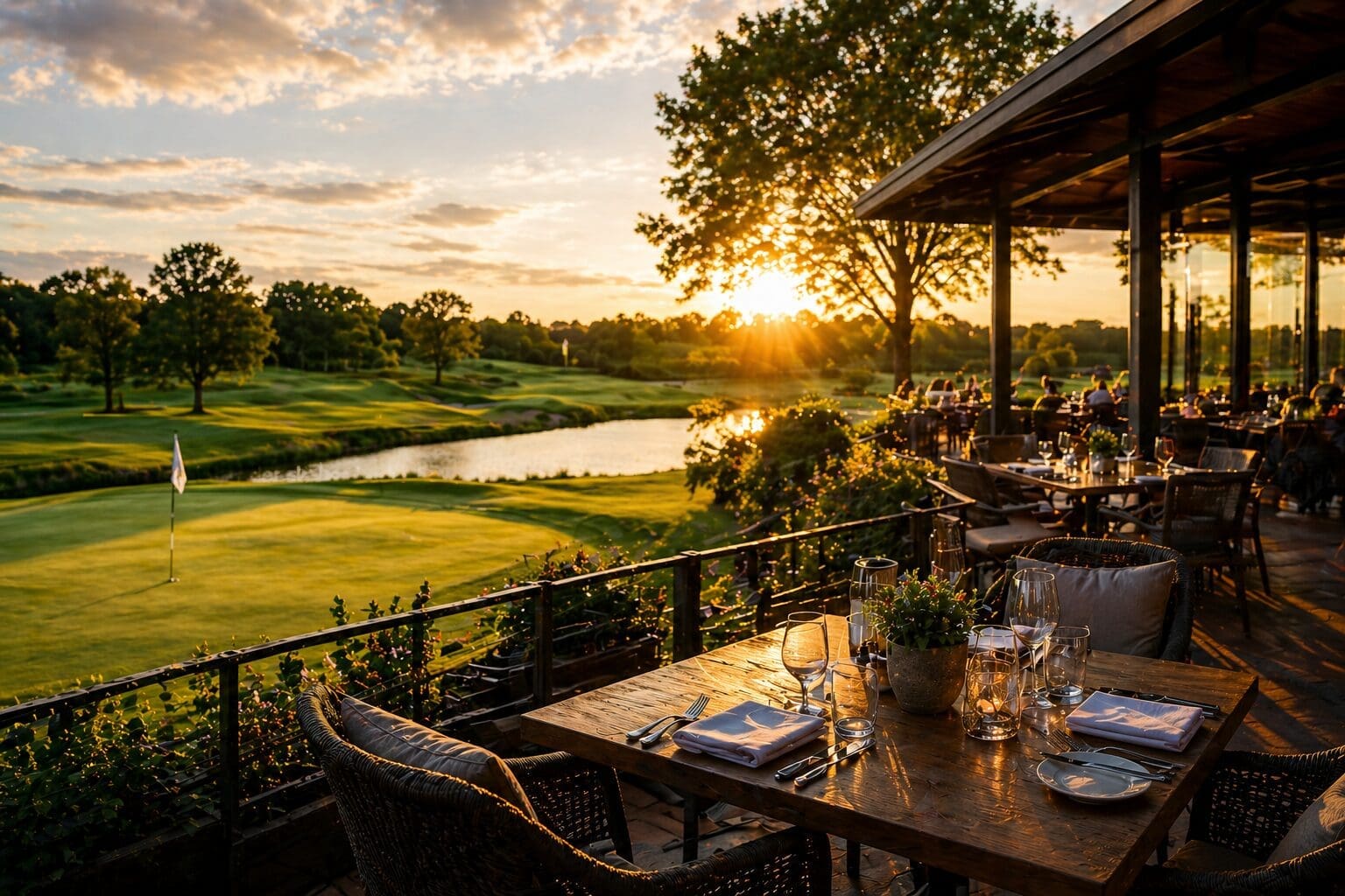 Golf restaurant terrace with guests at sunset beside a golf course