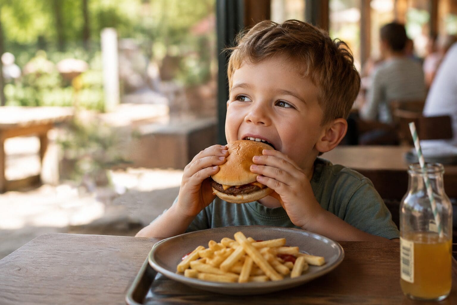 Boy enjoying a burger at the Tierpark Essehof park café